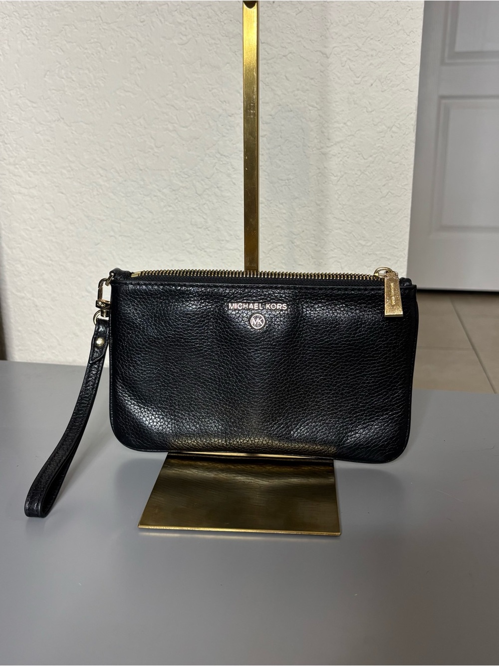 Michael Kors Jet Set Wristlet Black Leather Zip Wristlet with Gold Hardware